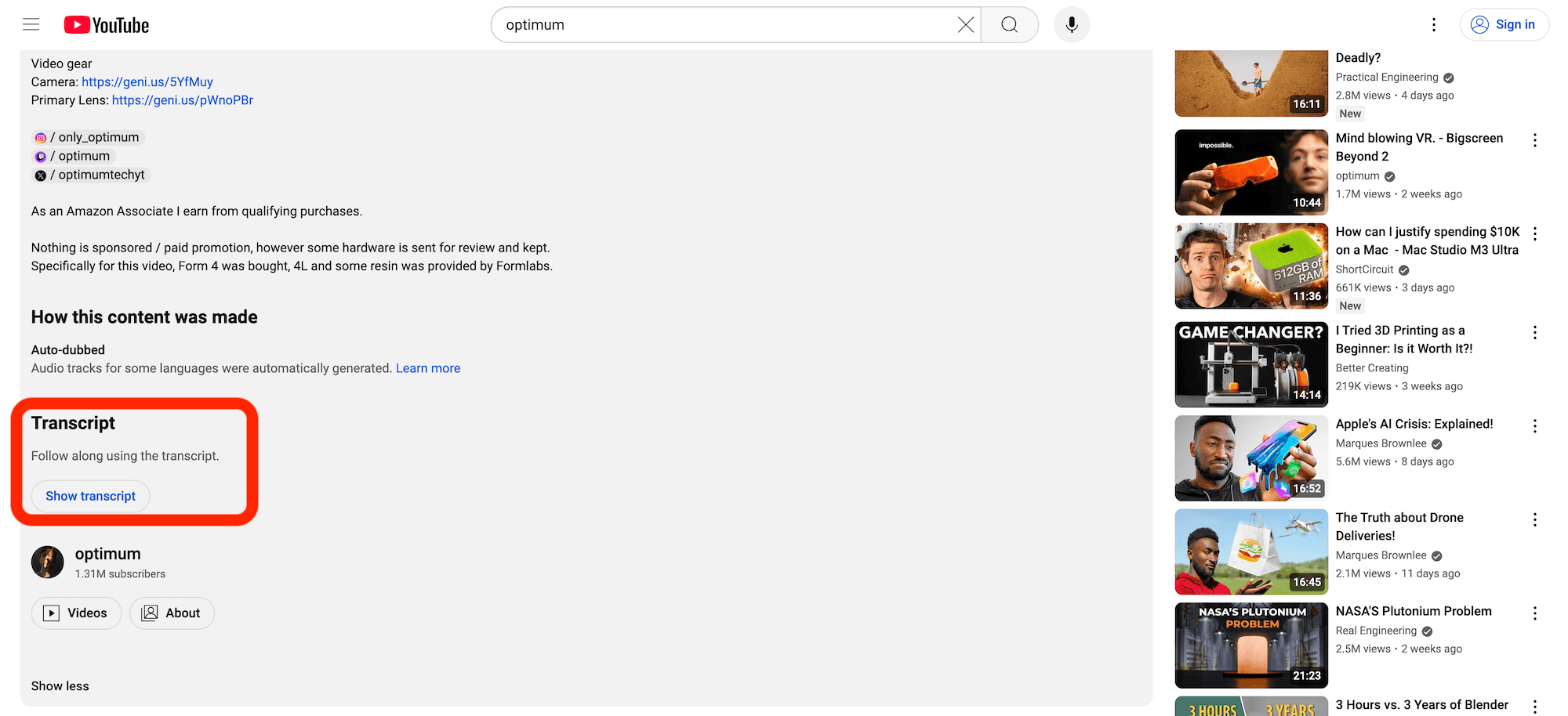 A screenshot of the YouTube video transcript